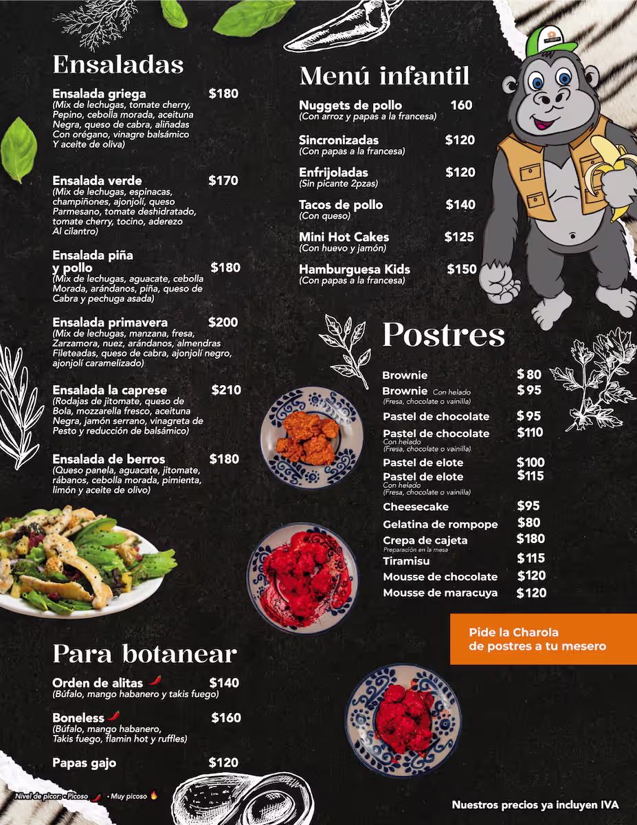 Ensaladas, menú infantil y postres